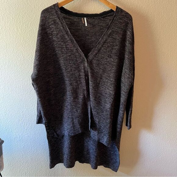 Free People Black Knit Soft Relaxed V Neck Button Dow Duster Sweater Stretch S/M - Picture 12 of 16